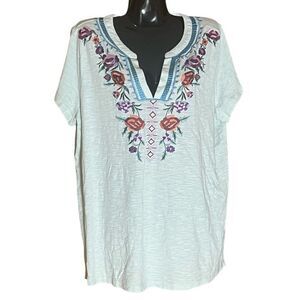 Soft Surroundings Mint‎ Green Floral Embroidered V Neck T Shirt Sz  L